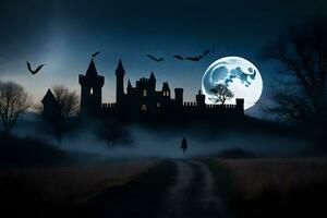 Halloween Château avec chauves-souris en volant plus de il à nuit. généré par ai photo