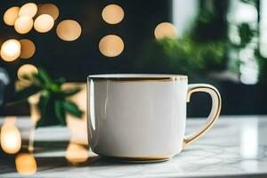 une blanc café tasse sur une marbre tableau. généré par ai photo