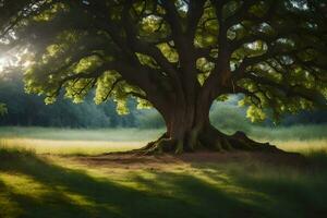 le Soleil brille par le feuilles de une grand arbre. généré par ai photo