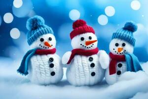 Trois bonhommes de neige portant écharpes et Chapeaux. généré par ai photo