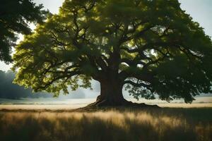 un chêne arbre dans une champ avec herbe et des arbres. généré par ai photo