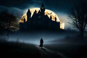 Halloween Château dans le nuit avec plein lune. généré par ai photo