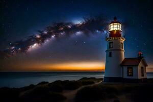 une phare avec étoiles et le laiteux dans le ciel. généré par ai photo