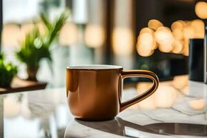 une café tasse séance sur une table dans de face de une la fenêtre. généré par ai photo