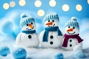 Trois bonhommes de neige portant Chapeaux et écharpes. généré par ai photo