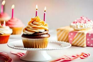 anniversaire gâteau avec bougies sur une blanc Contexte. généré par ai photo