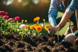 une homme est plantation fleurs dans le jardin. généré par ai photo