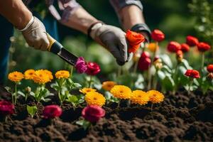 une la personne est plantation fleurs dans une jardin. généré par ai photo