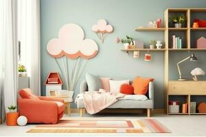 moderne enfant chambre intérieur conception dans maison avec décoration les enfants. coloré les enfants chambre concept par ai généré photo