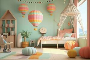 moderne enfant chambre intérieur conception dans maison avec décoration les enfants. coloré les enfants chambre concept par ai généré photo