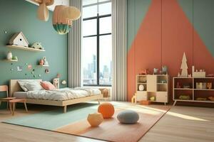 moderne enfant chambre intérieur conception dans maison avec décoration les enfants. coloré les enfants chambre concept par ai généré photo