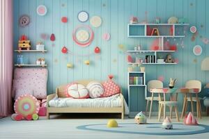 moderne enfant chambre intérieur conception dans maison avec décoration les enfants. coloré les enfants chambre concept par ai généré photo