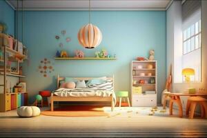 moderne enfant chambre intérieur conception dans maison avec décoration les enfants. coloré les enfants chambre concept par ai généré photo