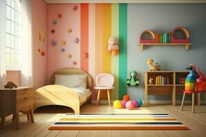 moderne enfant chambre intérieur conception dans maison avec décoration les enfants. coloré les enfants chambre concept par ai généré photo