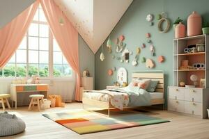 moderne enfant chambre intérieur conception dans maison avec décoration les enfants. coloré les enfants chambre concept par ai généré photo