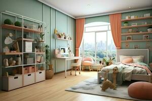 moderne enfant chambre intérieur conception dans maison avec décoration les enfants. coloré les enfants chambre concept par ai généré photo