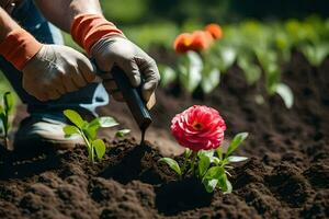 une la personne est plantation une fleur dans le sol. généré par ai photo