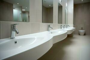 moderne Publique salle de bains avec rangée de blanc céramique laver évier bassins et robinet avec miroir dans salle de repos concept par ai généré photo