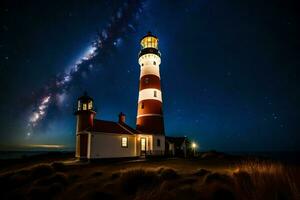 une phare avec une étoilé ciel au dessus il. généré par ai photo