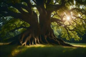 le Soleil brille par le arbre les racines de un vieux chêne arbre. généré par ai photo