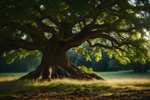 un vieux chêne arbre dans le milieu de une champ. généré par ai photo