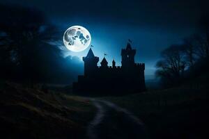 Château dans le foncé avec clair de lune. généré par ai photo