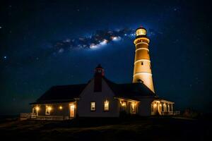 une phare avec une étoilé ciel au dessus il. généré par ai photo