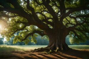 le Soleil brille par le feuilles de un vieux chêne arbre. généré par ai photo