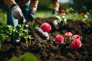 une la personne est creusement saleté avec une pelle à plante fleurs. généré par ai photo