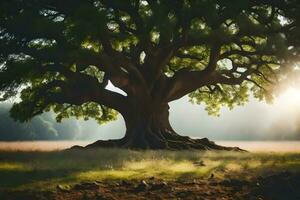 un vieux chêne arbre dans le milieu de une champ. généré par ai photo