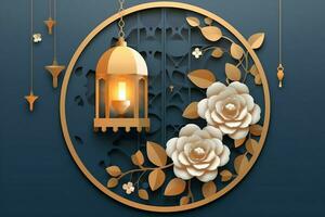 eid mubarak et Ramadan kareem salutations avec islamique lanterne et mosquée. eid Al fitr Contexte. eid Al fitr Contexte de fenêtre concept par ai généré photo