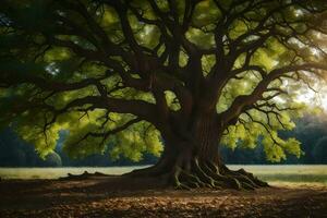 le Soleil brille par le feuilles de un vieux chêne arbre. généré par ai photo