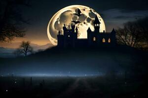 une Château avec chauves-souris en volant plus de il à nuit. généré par ai photo