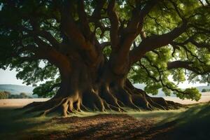 le géant chêne arbre dans le milieu de une champ. généré par ai photo