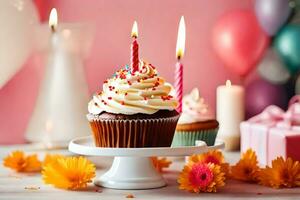 une petit gâteau avec bougies et fleurs sur une tableau. généré par ai photo