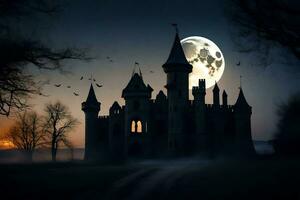 une Château avec chauves-souris en volant plus de il à nuit. généré par ai photo