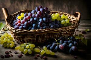 les raisins dans une panier sur une en bois tableau. généré par ai photo