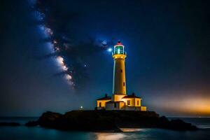 une phare à nuit avec le laiteux dans le Contexte. généré par ai photo