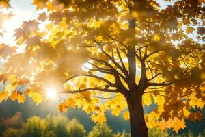 l'automne arbre avec Jaune feuilles et Soleil brillant. généré par ai photo