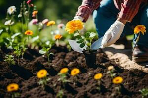 une homme est plantation fleurs dans le jardin. généré par ai photo