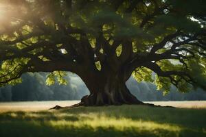 le Soleil brille par le tronc de un vieux chêne arbre. généré par ai photo