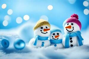 Trois bonhommes de neige dans bleu et blanc vêtements. généré par ai photo