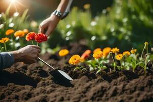 une homme est plantation fleurs dans le jardin. généré par ai photo