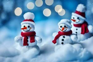 Trois bonhommes de neige portant rouge écharpes et Chapeaux. généré par ai photo