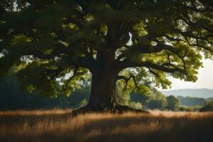 une grand chêne arbre dans le milieu de une champ. généré par ai photo