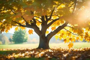 l'automne arbre avec Jaune feuilles sur le sol. généré par ai photo