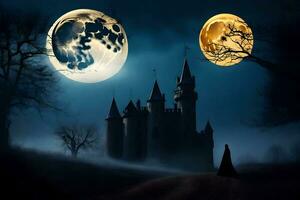 le lune est plein et le Château est dans le Contexte. généré par ai photo