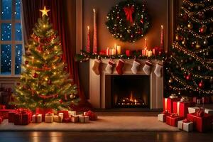 Noël arbre et présente dans une pièce avec une cheminée. généré par ai photo