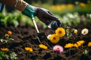 une la personne est en utilisant une râteau à choisir en haut fleurs. généré par ai photo