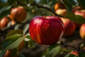 un Pomme est sur le arbre avec feuilles. généré par ai photo